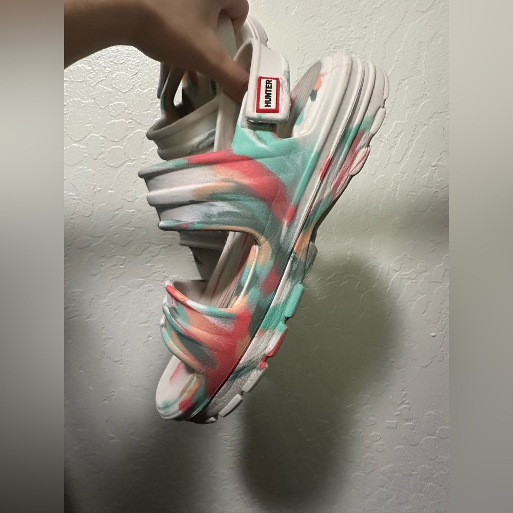 Women’s White Sandals with Mint & Coral Brushstroke Print - Picture 3 of 3